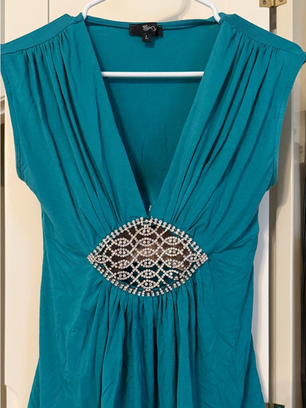 Sky Turquoise Sleeveless V-Neck Tunic with Beaded Waist